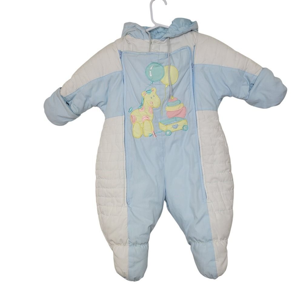 Casual Time Baby Snowsuit 0-6M Blue White Giraffe Balloons Winter Padded Hooded